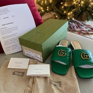 RARE Gucci Marmont Jolie GG Green Leather Sandals Slides 39